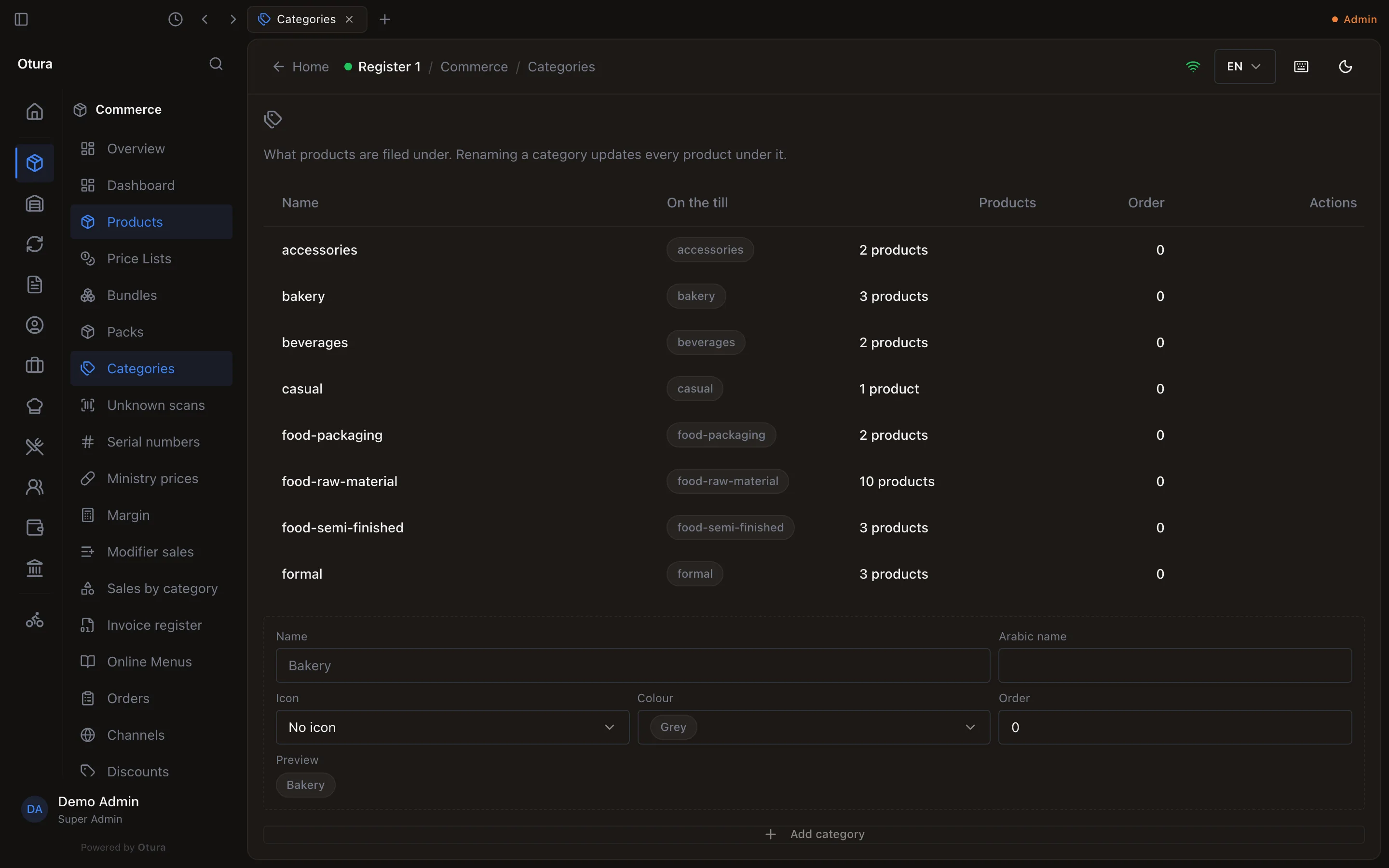 The Categories page, listing categories with their till chip preview, product count and order, and a form to add a category with a name, Arabic name, icon, colour and order.