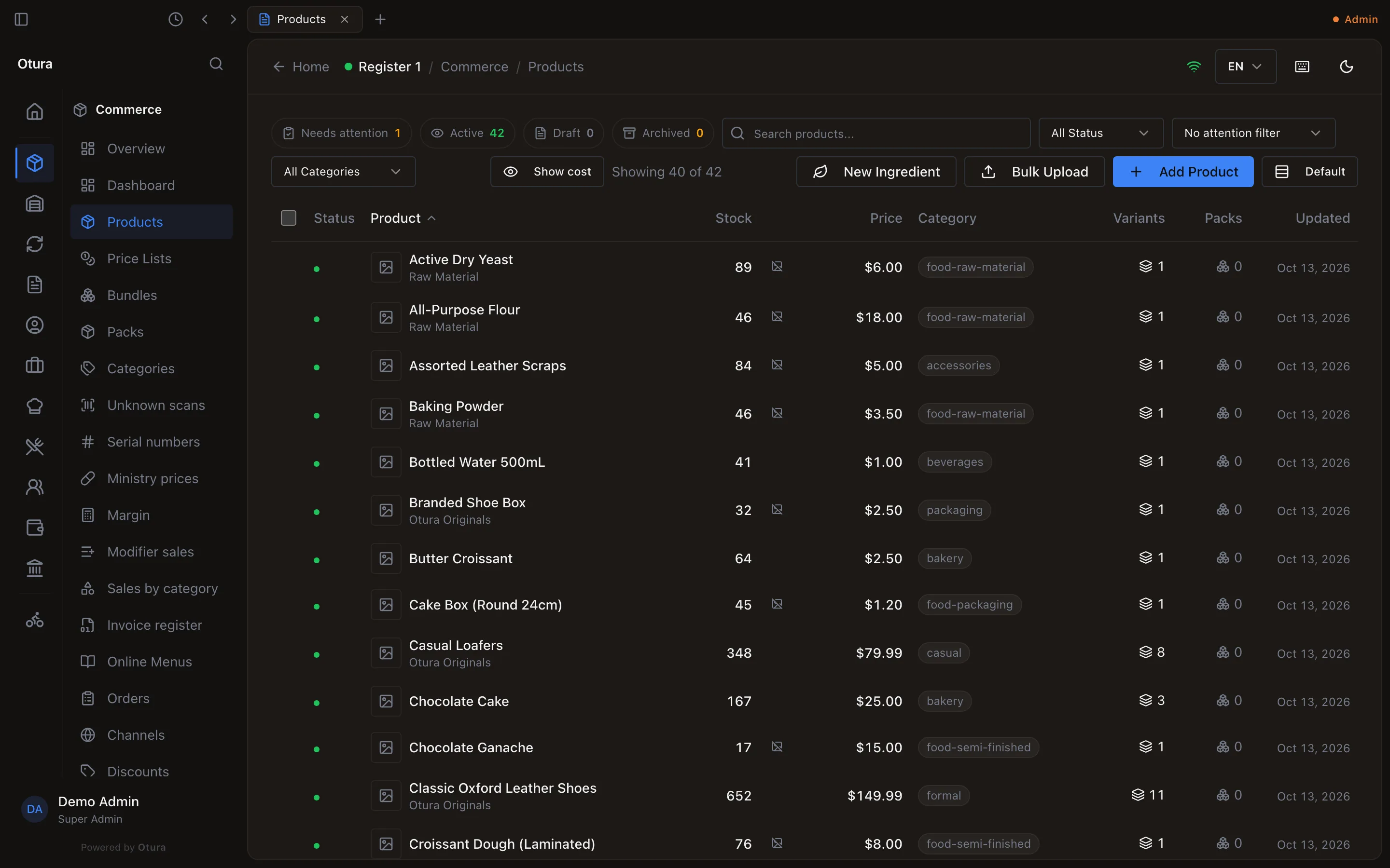 The Products list in Otura, with the Needs attention, Active, Draft and Archived tiles, filters, and the New Ingredient, Bulk Upload and Add Product buttons.
