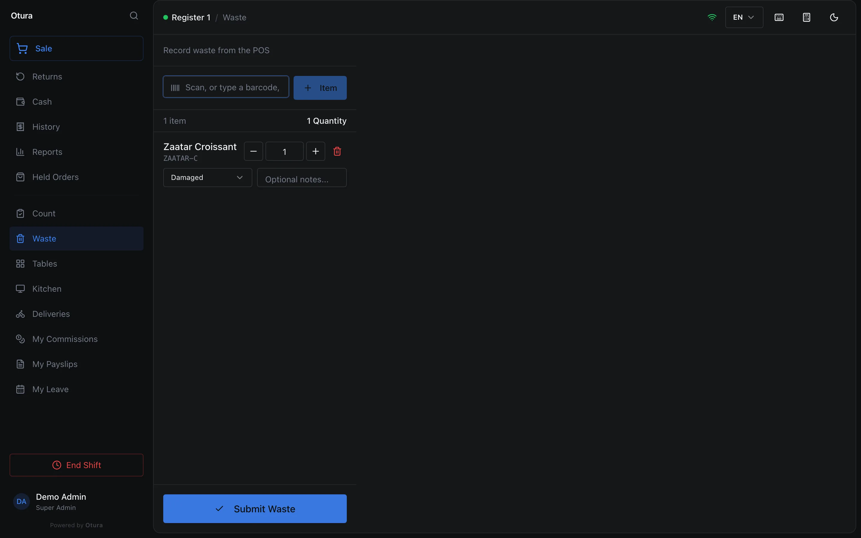 The till's Waste screen with one item, quantity 1, reason Damaged, and Submit Waste.