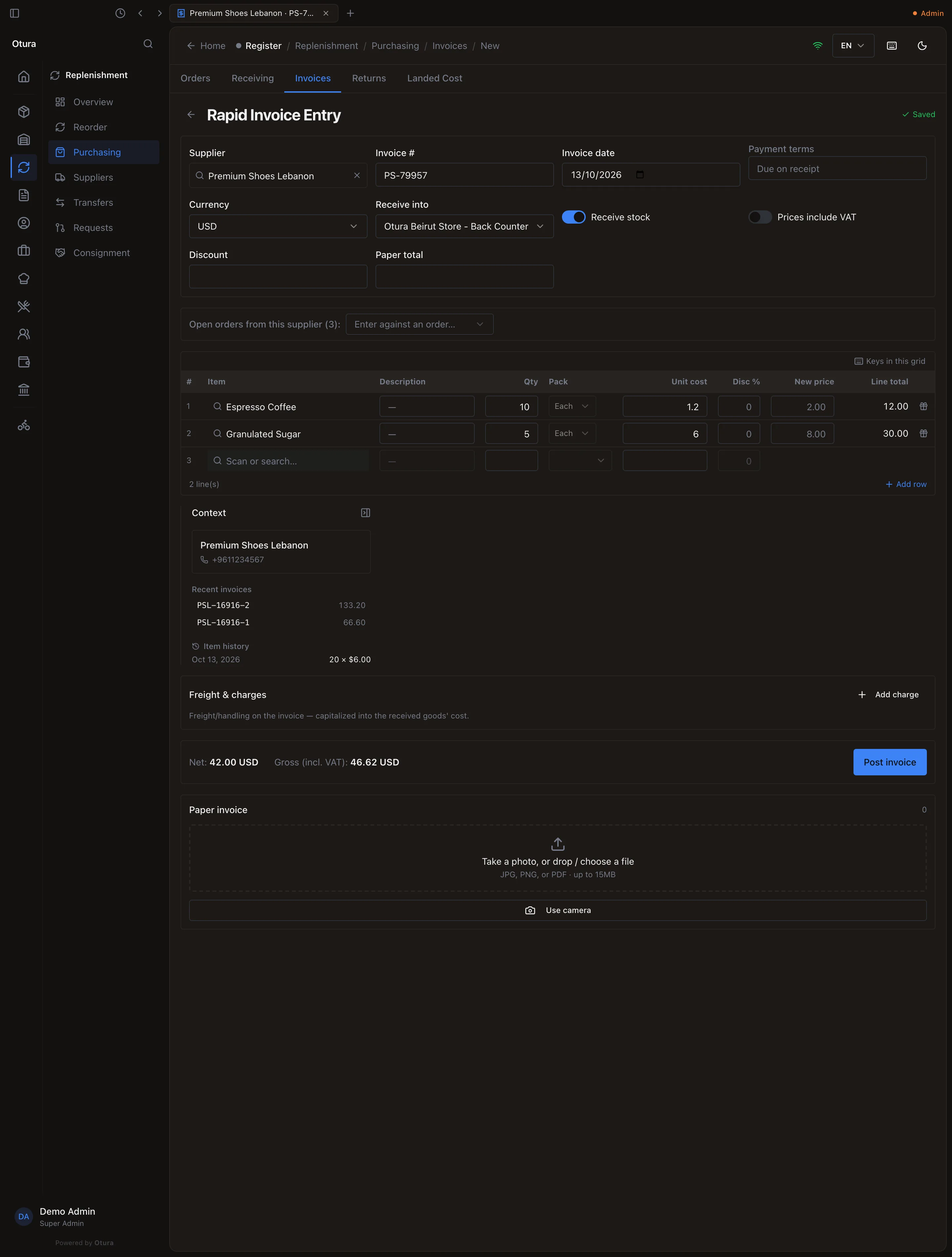 Rapid Invoice Entry: Supplier Premium Shoes Lebanon, Invoice # filled, Invoice date, Payment terms, Currency USD, Receive into Otura Beirut Store - Back Counter, Receive stock on; Open orders from this supplier; lines Espresso Coffee 10 at 1.2 = 12.00 and Granulated Sugar 5 at 6 = 30.00; Net 42.00 USD; Post invoice.