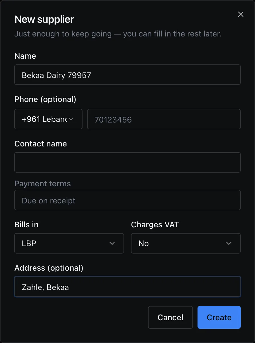 The New supplier dialog: Name Bekaa Dairy, Phone (optional), Contact name, Payment terms, Bills in LBP, Charges VAT No, Address (optional) Zahle, Bekaa; Cancel and Create.