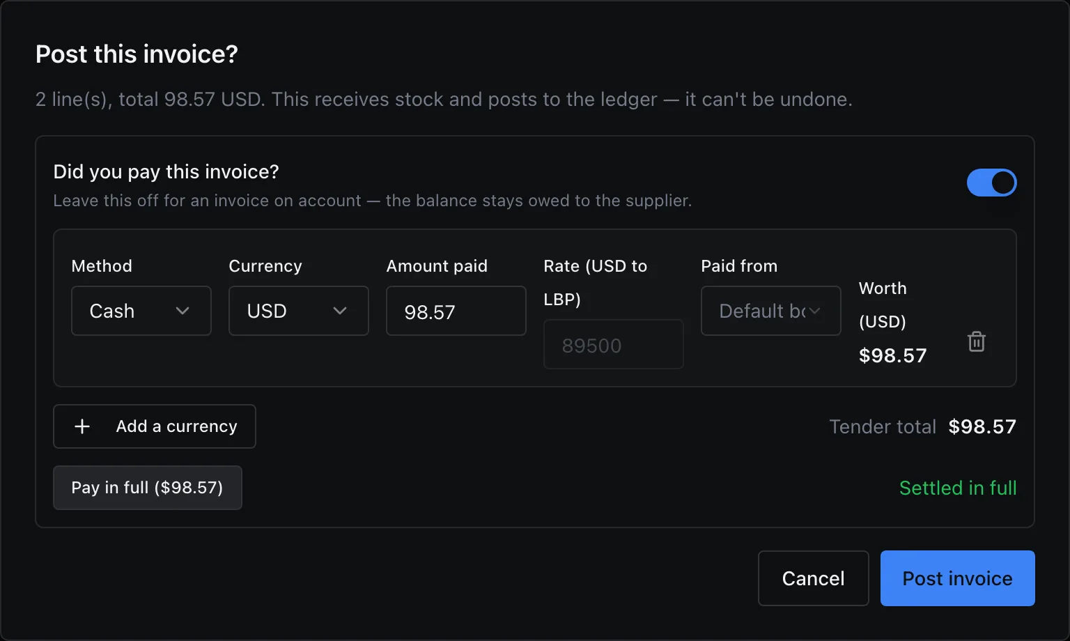 Post this invoice? with Did you pay this invoice? on: Method Cash, Currency USD, Amount paid, Paid from, Worth (USD), Tender total, Pay in full, Settled in full; Cancel and Post invoice.