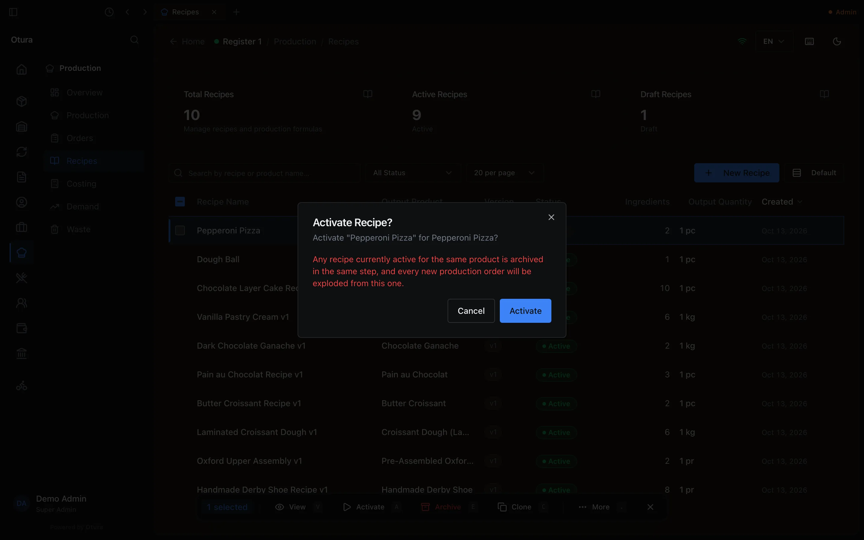 The Activate Recipe confirmation: any recipe currently active for the same product is archived in the same step.