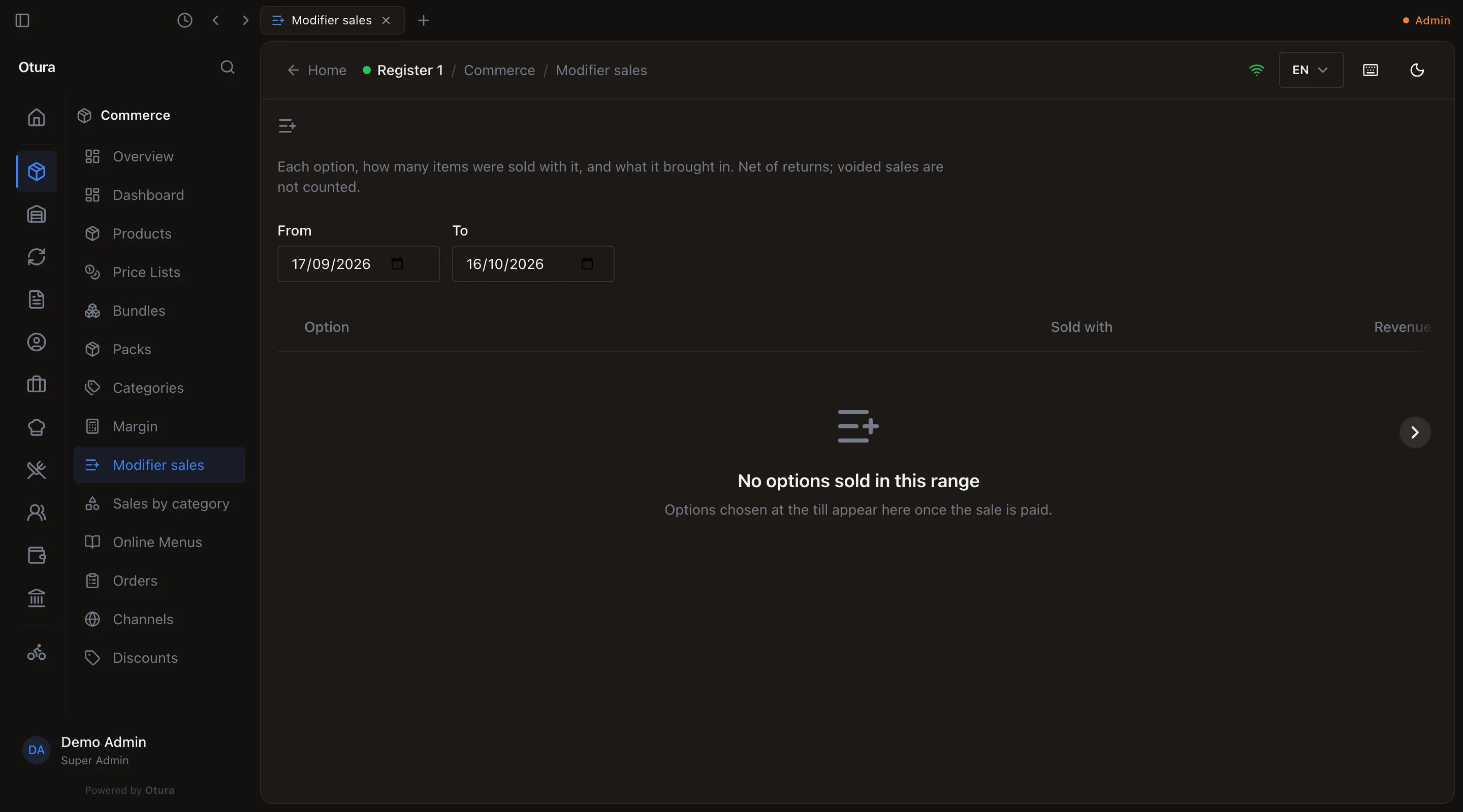 Commerce › Modifier sales from 17/09/2026 to 16/10/2026 with the columns Option, Sold with and Revenue, and the message No options sold in this range: Options chosen at the till appear here once the sale is paid.