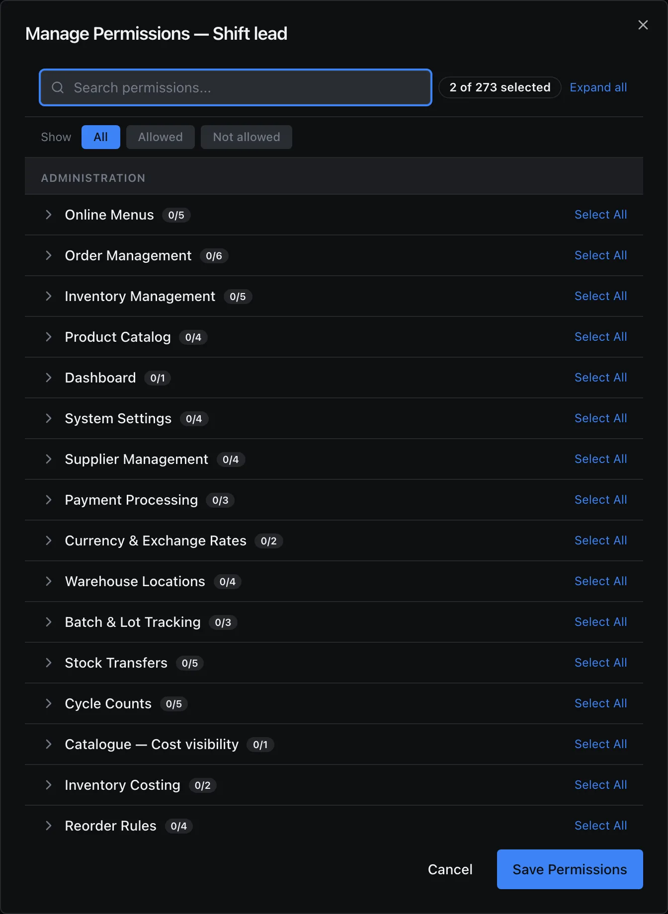 Manage Permissions — Shift lead: the permission list with a search box and Show filter, and Save Permissions.