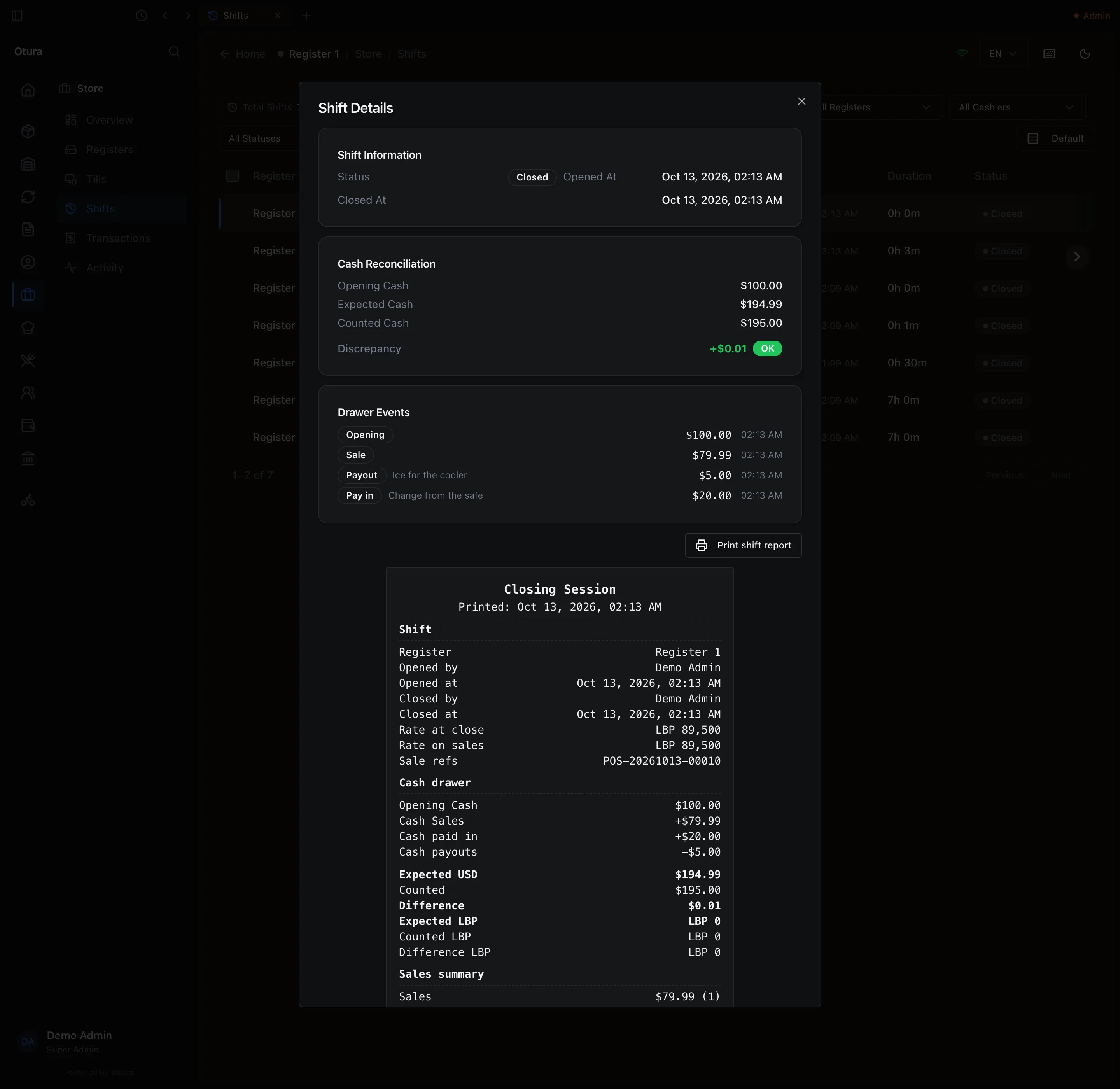 Store › Shifts with the Shift Details dialog open: Shift Information (Status Closed, opened and closed Oct 13, 2026, 02:13 AM), Cash Reconciliation (Opening Cash $100.00, Expected Cash $194.99, Counted Cash $195.00, Discrepancy +$0.01 OK), Drawer Events (Opening $100.00, Sale $79.99, Payout $5.00 “Ice for the cooler”, Pay in $20.00 “Change from the safe”), a Print shift report button, and the same Closing Session report: Shift, then Cash drawer with Expected USD $194.99, Counted $195.00, Difference $0.01 and Expected LBP, Counted LBP and Difference LBP at LBP 0, down to the first line of its Sales summary, Sales $79.99 (1).