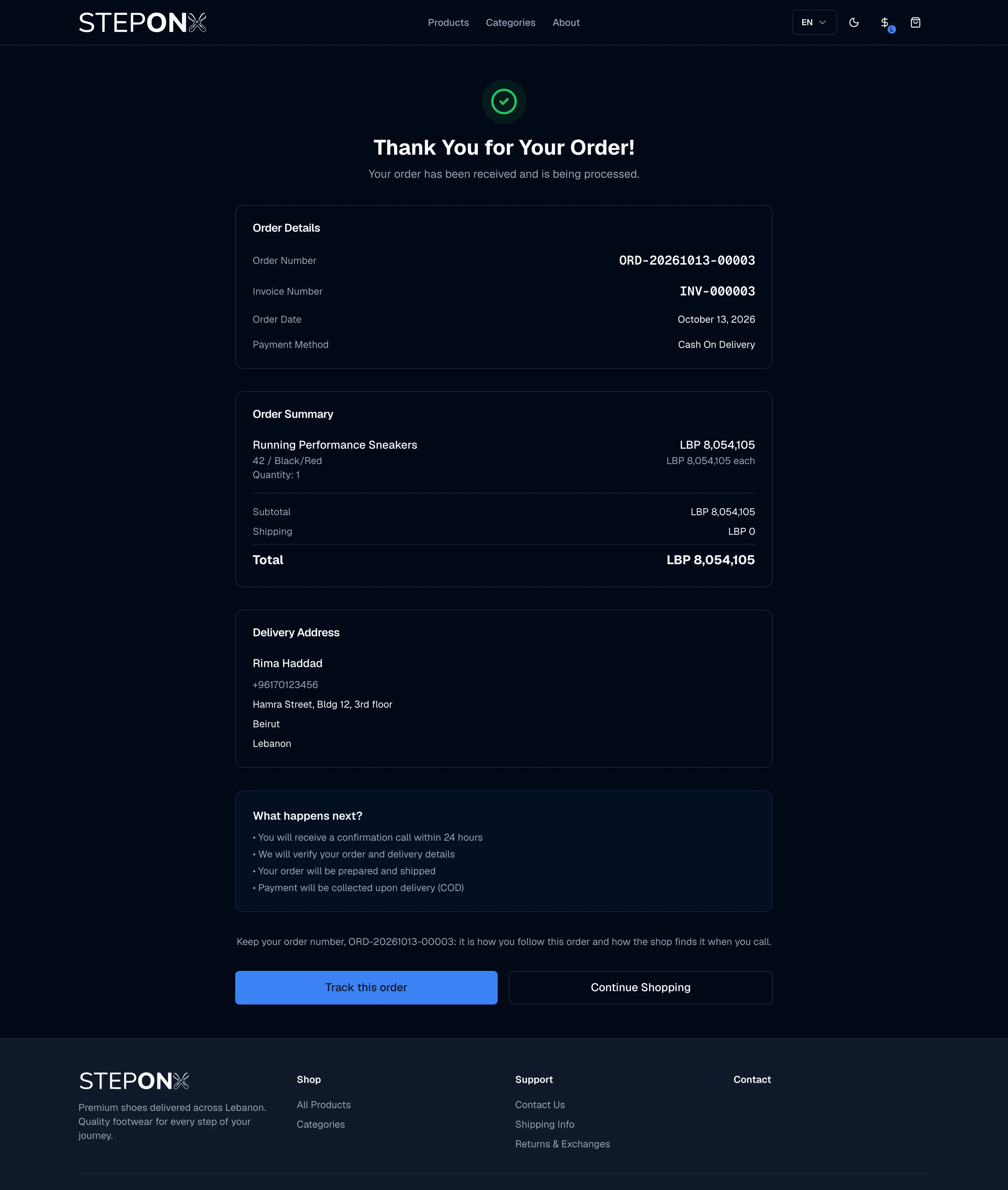 The confirmation: Thank You for Your Order!, Order Number ORD-…, Invoice Number INV-…, the shoe and total, the delivery address ending in Lebanon, and the Track this order and Continue Shopping buttons.