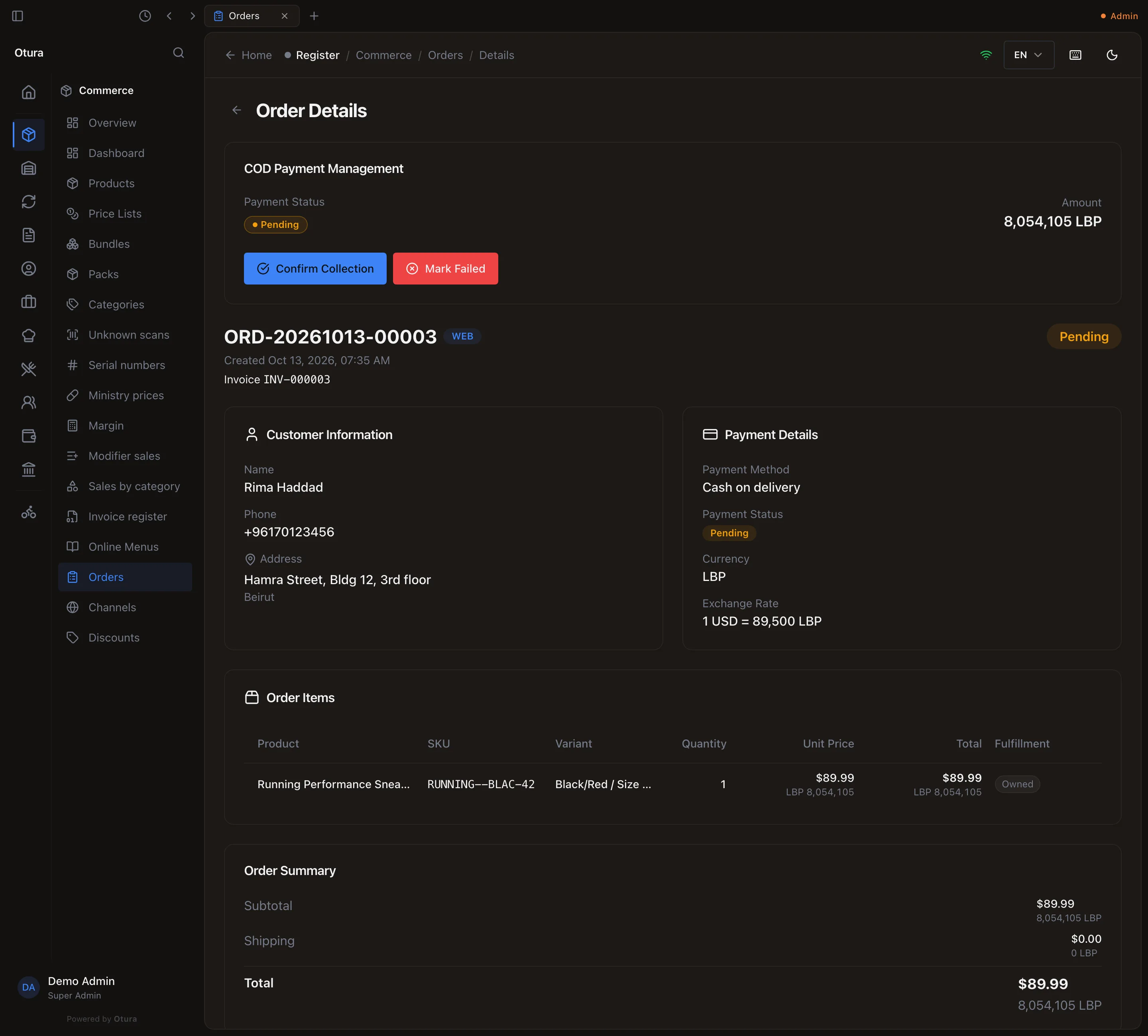 The order in the back office under Commerce › Orders: its order number with the Invoice number beneath, the customer Rima Haddad, Cash on delivery, the Running Performance Sneakers line and Update Status, Cancel Order and Add Note.