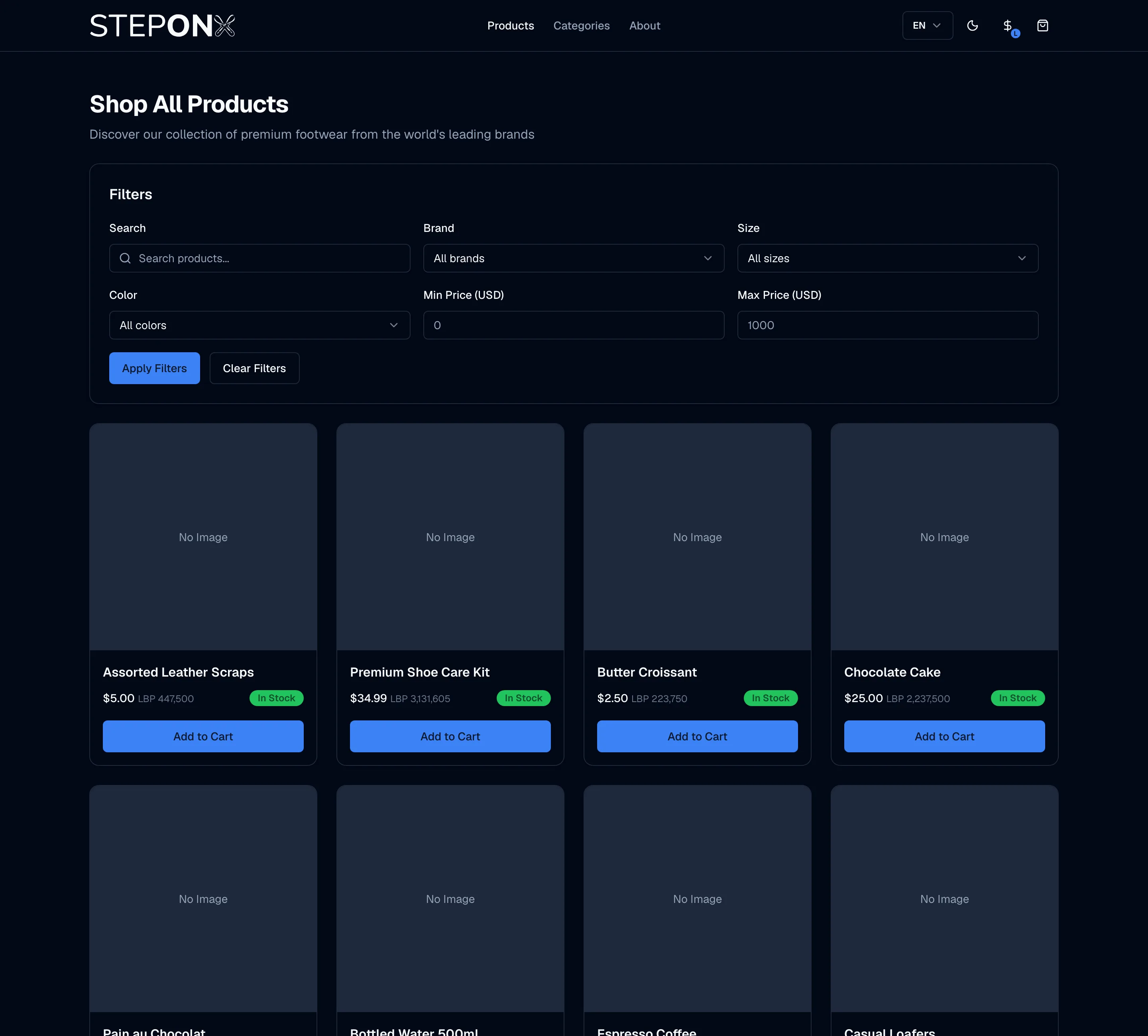 The online shop's Shop All Products page: the Filters panel with Search, Brand, Size, Color and price, then product cards with a picture, name, price in dollars and lira, a stock badge and Add to Cart.