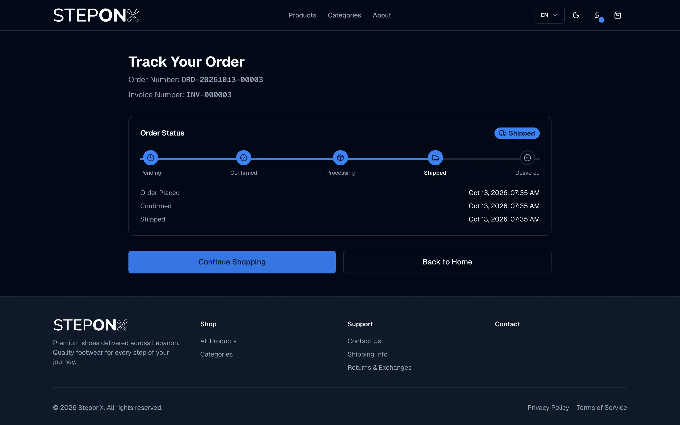 The tracking page of an order that has shipped: Track Your Order, the order and invoice numbers, the status Shipped, the timeline Pending, Confirmed, Processing, Shipped, Delivered with the first four done, and when it was placed, confirmed and shipped.