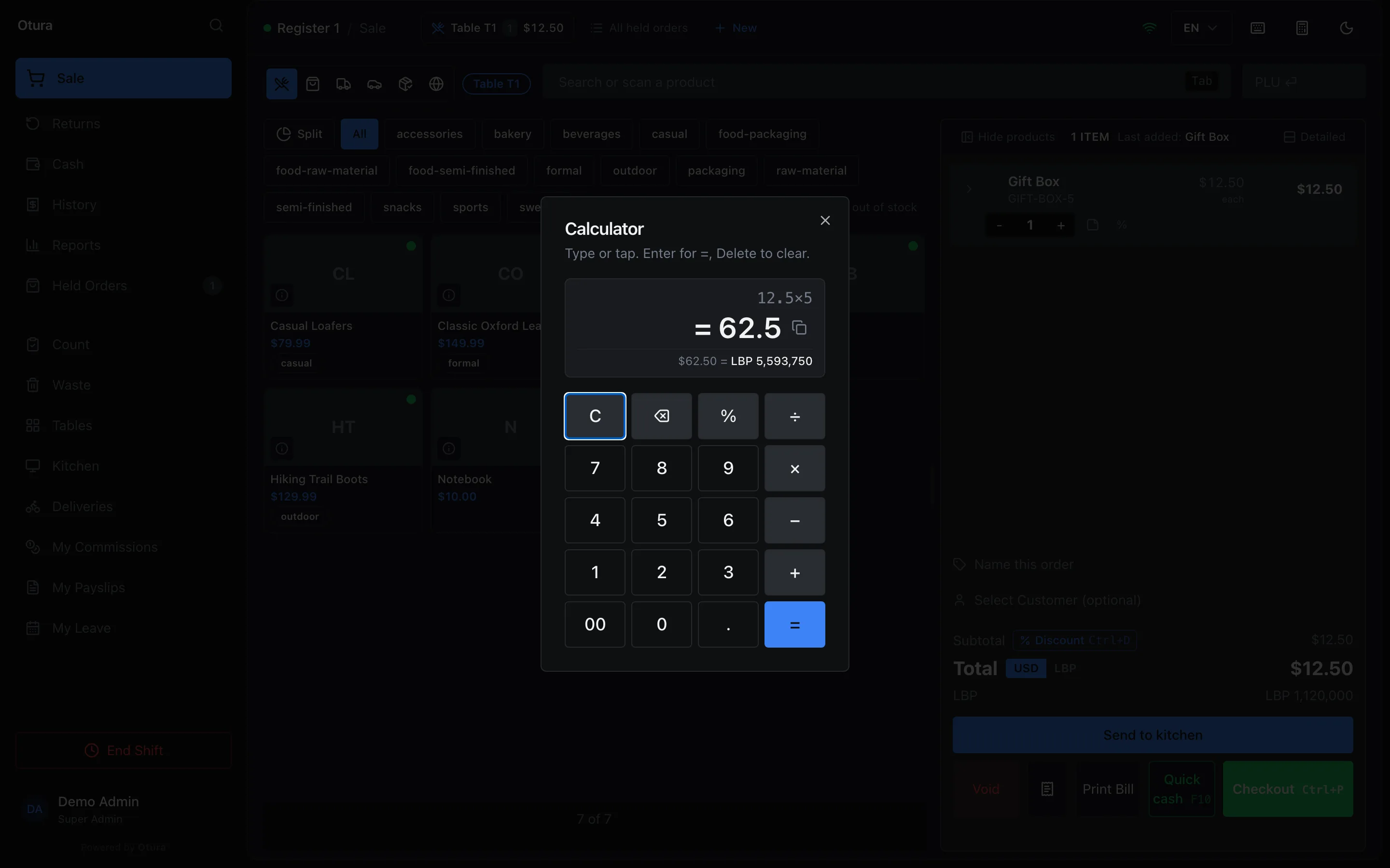The Calculator, Type or tap. Enter for =, Delete to clear.: 12.5×5 = 62.5 with a copy button, only $62.50 = LBP 5,593,750 under it, and a pad with C, backspace, %, ÷, ×, −, +, the digits, 00, the decimal point and =.