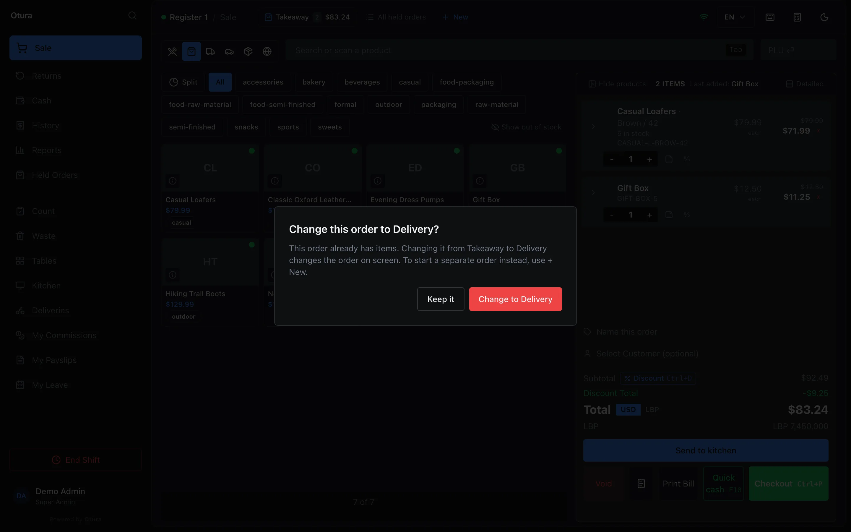 A dialog titled Change this order to Delivery? saying the order already has items and that changing it from Takeaway to Delivery changes the order on screen, with Keep it and Change to Delivery buttons.
