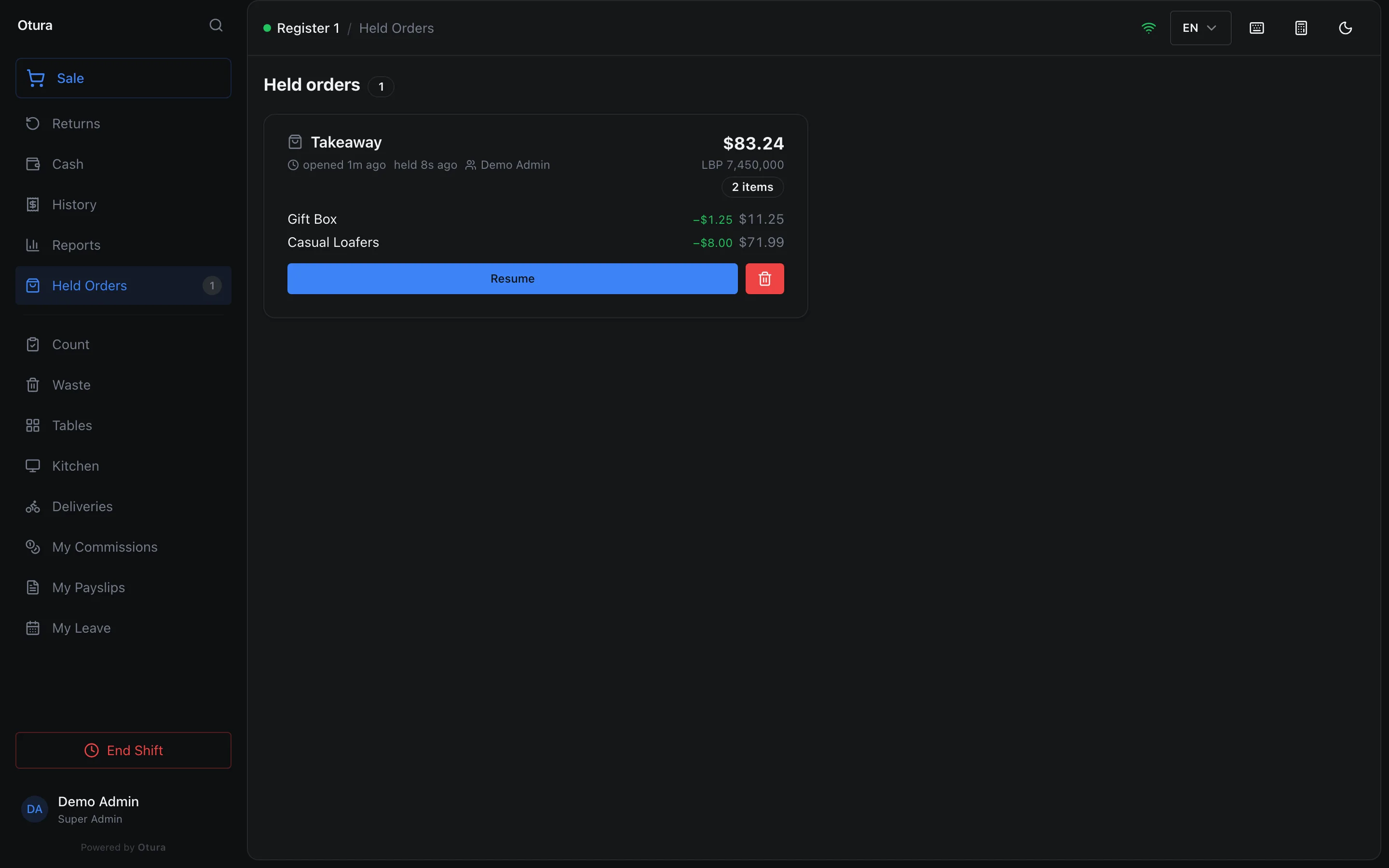 The Held orders page with one Takeaway order: opened 1m ago, held 8s ago, by Demo Admin, $83.24 and LBP 7,450,000, 2 items, its two discounted lines (Gift Box −$1.25 $11.25, Casual Loafers −$8.00 $71.99), a Resume button and a delete button.