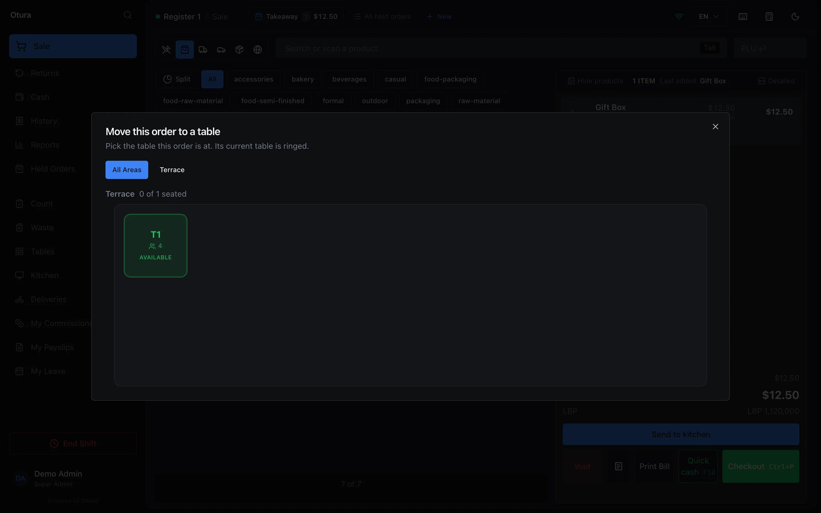 The Move this order to a table dialog, Pick the table this order is at. Its current table is ringed., with an All Areas tab and a Terrace tab, and under All Areas the Terrace section, 0 of 1 seated, with table T1, 4 seats, Available.