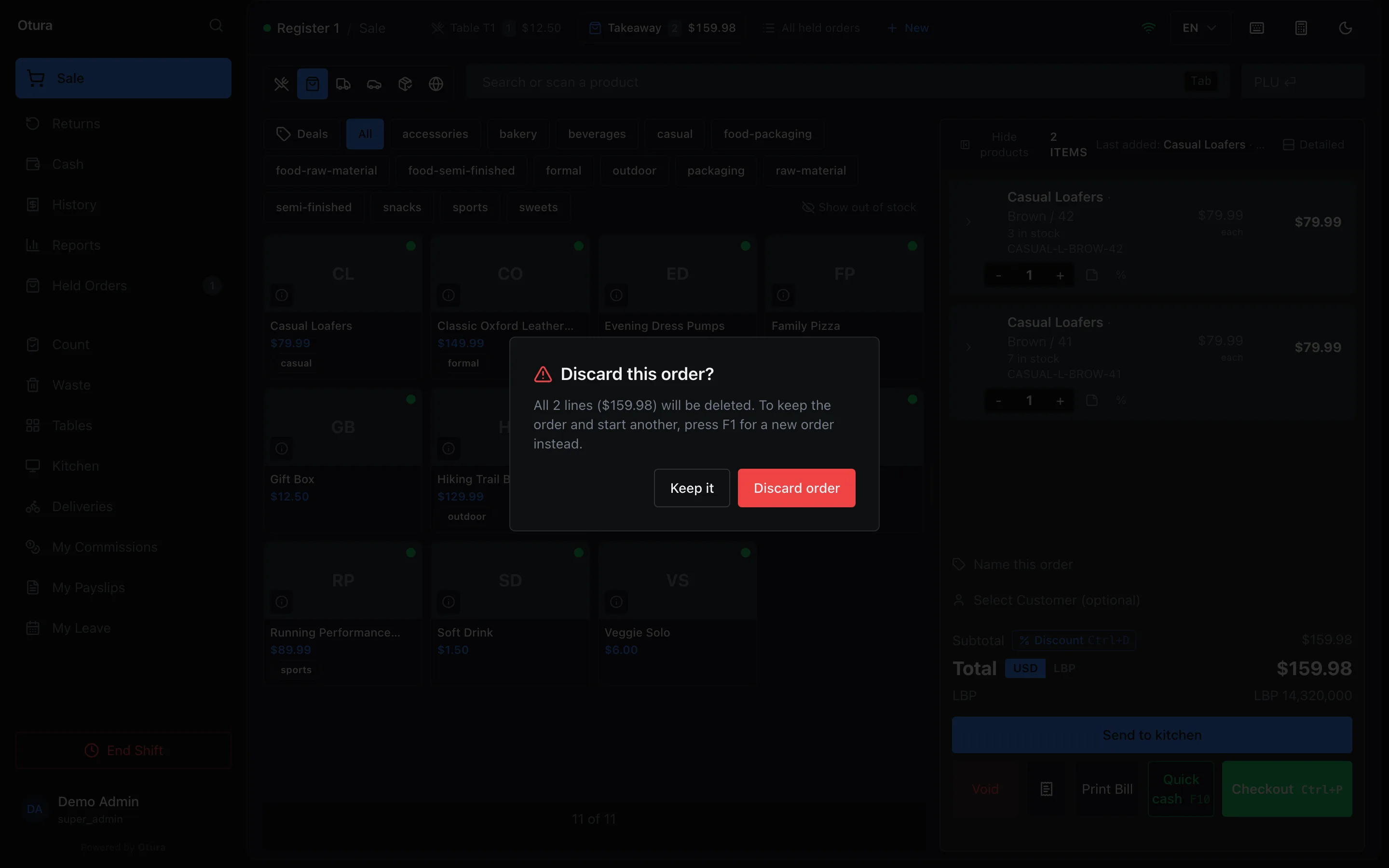 The Discard this order? dialog over the sale screen: All 2 lines ($159.98) will be deleted. To keep the order and start another, press F1 for a new order instead. Keep it and a red Discard order button.
