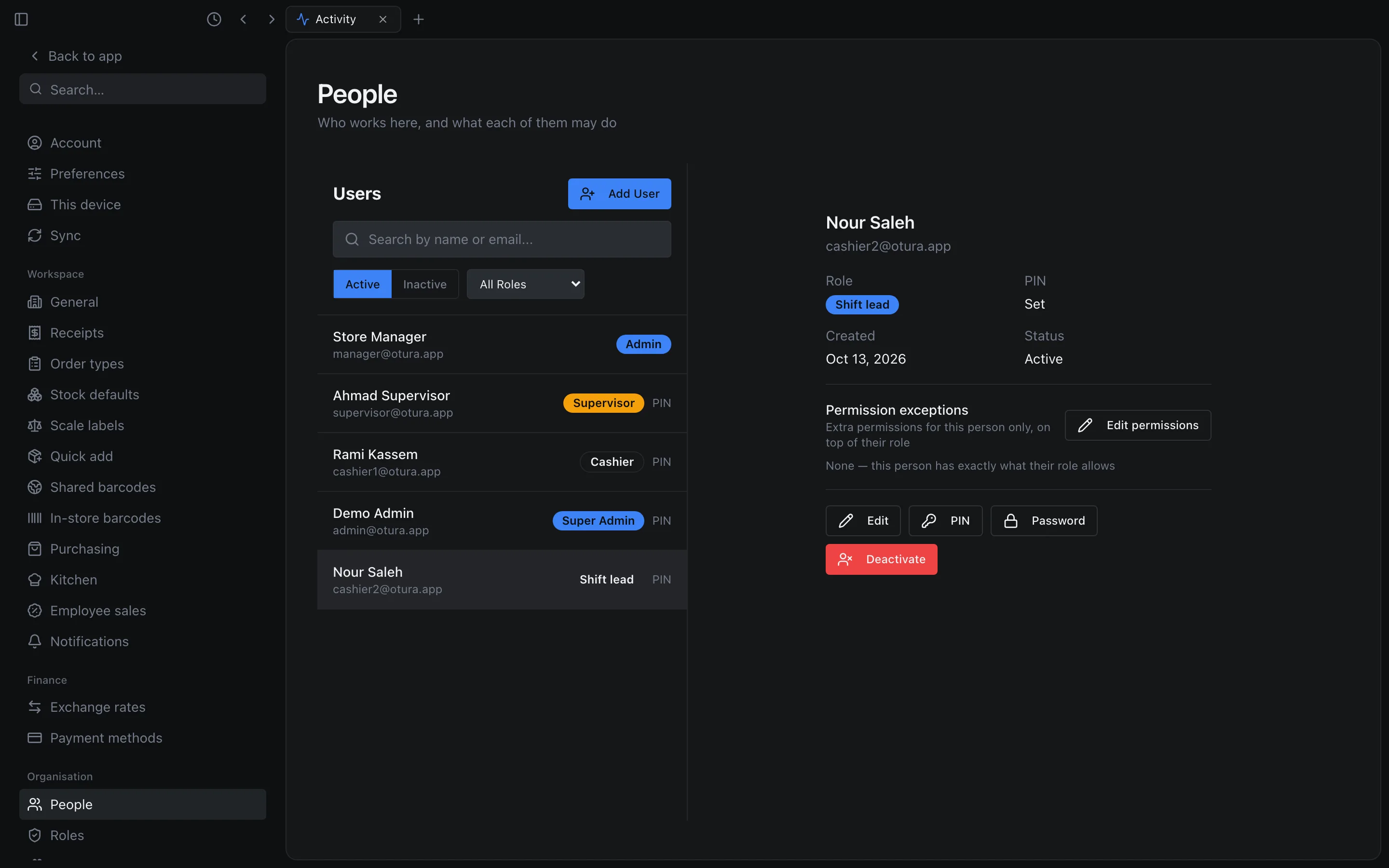 Settings › People with Nour Saleh open: Role Shift lead, PIN Set, Status Active.